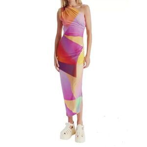 New SMYTHE Abstract Neon Print One Shoulder Jersey Stretch Ruched Midi Dress 10